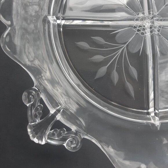 W.J. Hughes CORNFLOWER Glass Handled Divided Large Bowl Lancaster Etched VTG - Picture 12 of 12